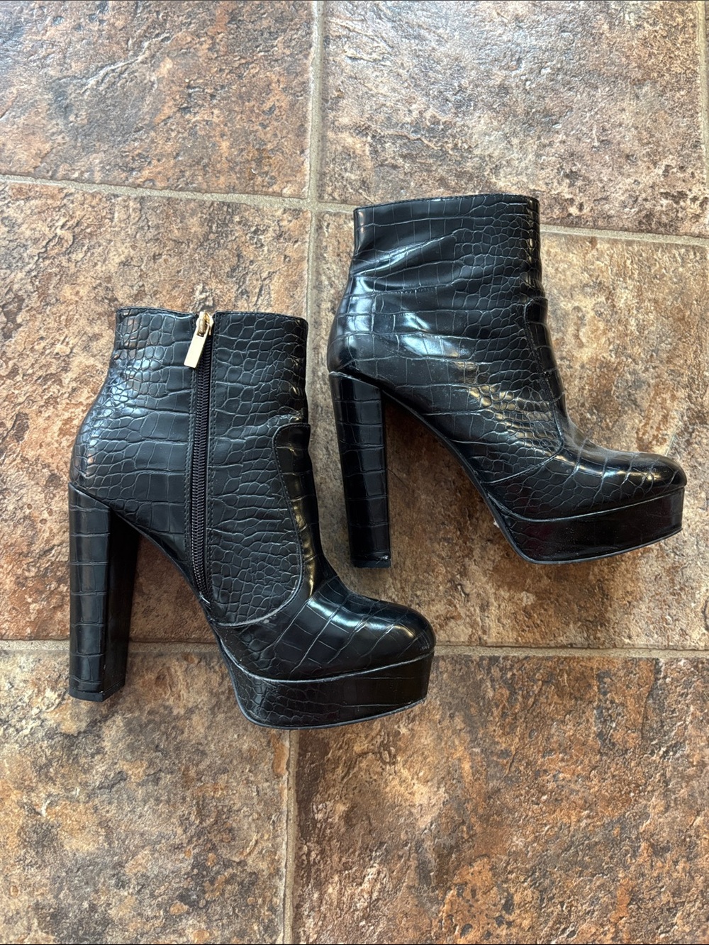 2/$30 Call it Spring Women's Black Croc-Embossed Platform Ankle Boots